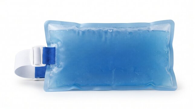 Medical blue cooling gel pack with elastic strap for pain relief and injury recovery treatment isolated on a plain white surface