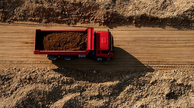Elegant photo of A red dump truck loaded with soil drives on a dirt road at a construction site. Aerial view representing logistics and earthwork industry concepts.