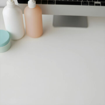 Self care and wellness routine, skincare products and computer on desk for remote work lifestyle and healthy habits in a modern home office workspace