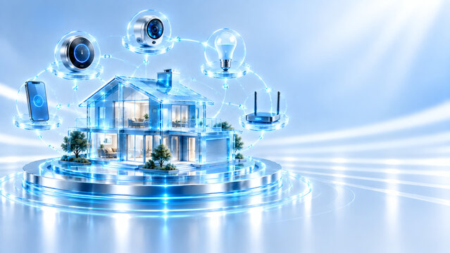 Futuristic smart home automation concept with modern house connected to wireless iot devices security camera thermostat lighting and router on digital platform