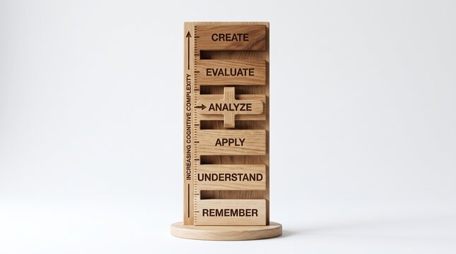 Bloom's taxonomy and cognitive learning stages concept represented by stacked wooden blocks on a white background