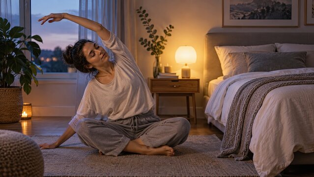 Woman stretching while seated on the floor in a cozy bedroom beside a warmly lit bed and bedside lamp.
