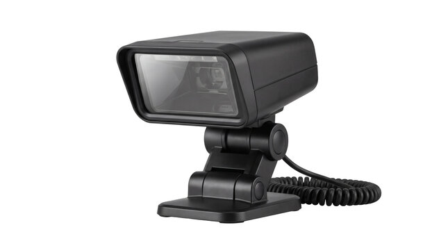 Compact desktop digital barcode scanner camera on transparent background, presentation optical reader device on swivel stand with coiled cable. Commercial hardware delivers fast verification.