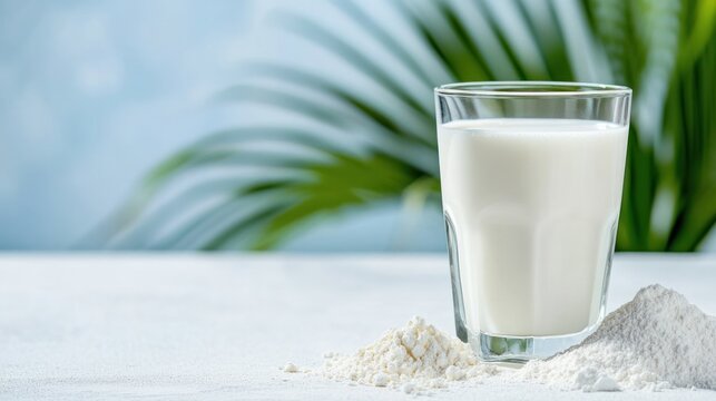 Collagen Powder and Milk Glass: A glass of white milk stands beside piles of collagen powder on a light-colored surface, with blurred green palm leaves in the background.