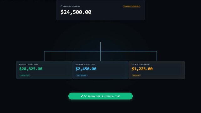 Ultra-clean modern dark-mode fintech motion graphic in the Stripe and Linear design aesthetic. Illustrates automated multi-party payment splitting without distracting alphanumeric hash codes.