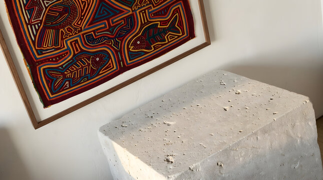 Traditional molas textile art displayed on minimalist concrete nightstand with framed artwork