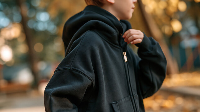 Faceless young boy in casual clothes with a black hoodie, possibly getting ready to head out, everyday autumn lifestyle concept, with copy space
