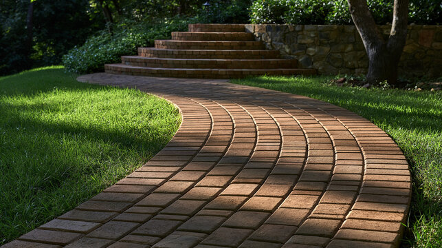 Elegant photo of A curved brick paver walkway winds through a lush green garden at sunset. Perfect for landscaping design, home improvement, and residential architecture concepts.