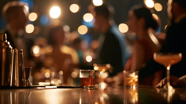 Faceless happy retro friends standing at a bar counter with cocktails in warm vintage lighting, bar social content, festive nightlife branding concept, with copy space