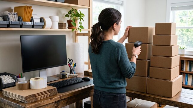 Woman scanning package with barcode scanner in a home office shipping station with boxes and supplies