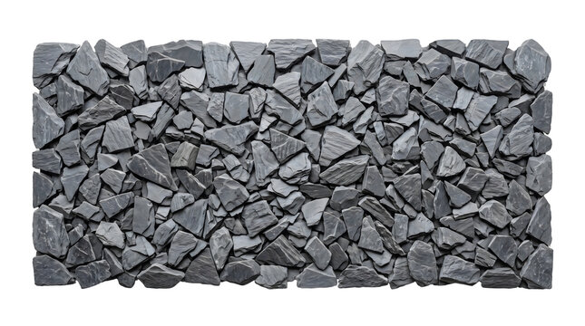 Modern black slate stone wall panel texture with stacked irregular chiseled slate pieces isolated on transparent png background   