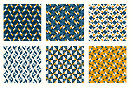 geometric patterns set, Teal and orange, color tessellation set, bundle of modern seamless vector patterns. Neutral retro colors. Repeatable design for fabric collection, wallpapers,