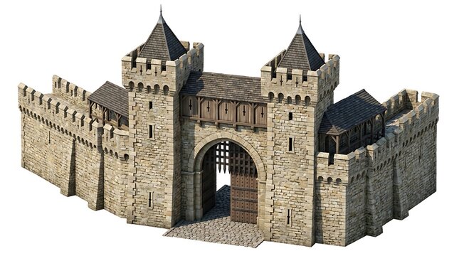 Stone Medieval Castle Gate with Fortified Towers Isolated on a Clean White Background