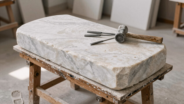 Raw white marble block with chisels in a sculptor studio