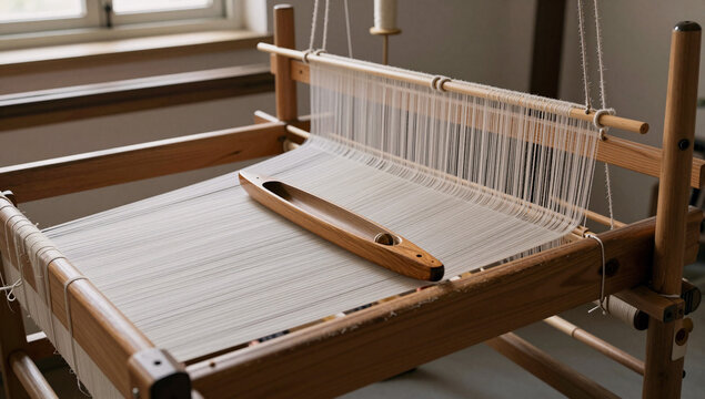 Wooden handloom with a stretched warp and a shuttle