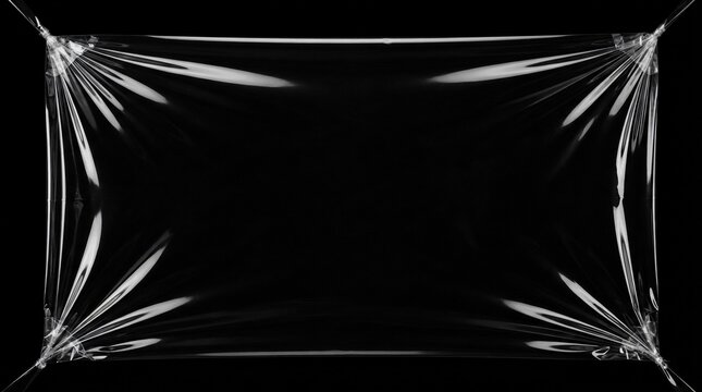 Stretched transparent cellophane plastic wrap with realistic wrinkles and highlights on a black background for creative design mockup