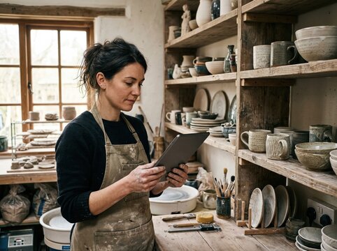 Female ceramic artist working in pottery studio with tablet, handmade ceramics and creative artisan workshop interior concept