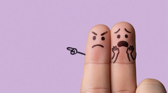 Two fingers with drawn faces show conflict. One finger points accusingly at another scared finger. Concept for bullying or harassment. Stressful human relations are highlighted.