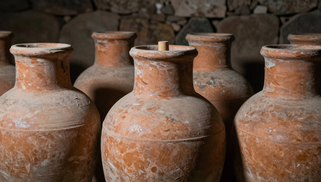Row of terracotta amphorae in a cool stone cellar