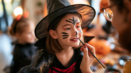 Plakat Children getting ready for Halloween with spooky face paint and costumes, festive seasonal transformation, with copy space
