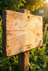 Obraz premium Direction and guidance concept, blank wooden signpost in a sunny garden for custom message, rustic nature background with warm golden hour sunlight