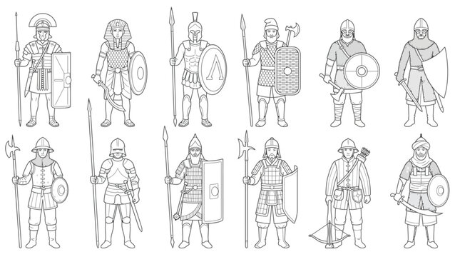 Set of historical warriors and soldiers in armor with weapons