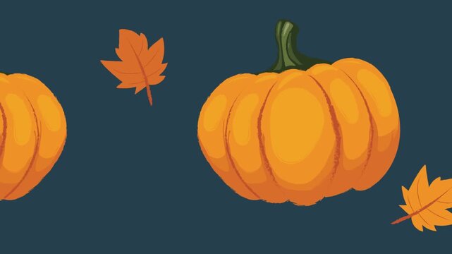 Animated autumn pumpkins and falling leaves on dark background