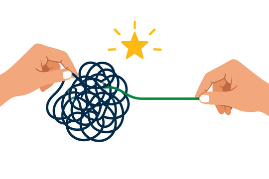 Hands untangling complex dark blue knot into straight green line with yellow star icon vector illustration