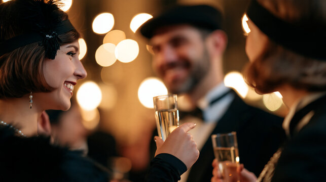 Vintage-style glamorous party with people in elegant period attire, roaring twenties inspired celebration, retro fashion theme, with copy space