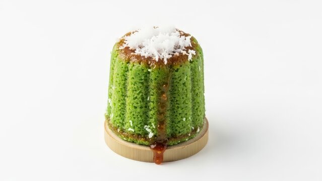 Traditional Indonesian steamed pandan cake kue putu with coconut and palm sugar on white background