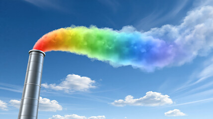 Obraz premium Colored smoke plume from smokestack against blue sky rainbow smoke stream industrial emission air pollution climate change factory stack steel chimney vapor cloud blue sky cloud
