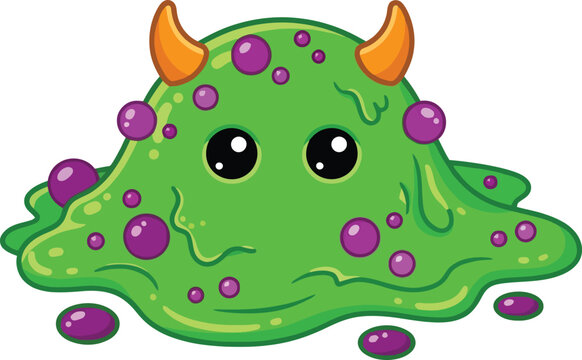 Cute cartoon green slime monster with purple bubbles and orange horns.