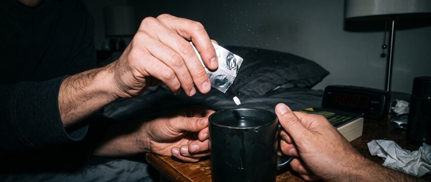Close-up of hands with drug-related objects in a dark indoor setting. Useful for addiction, substance abuse, overdose risk, mental health, rehabilitation and social problem concepts.