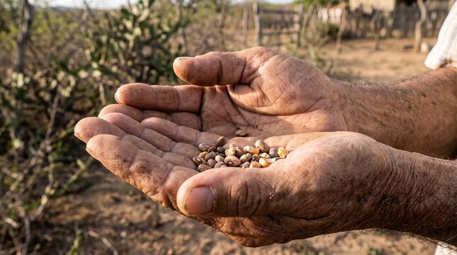 M&atilde;os calejadas de agricultor segurando sementes de feij&atilde;o e milho