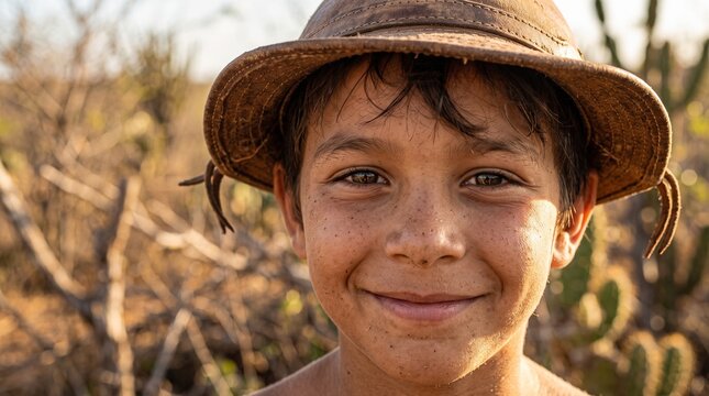 Menino sorridente com chap&eacute;u de couro no sert&atilde;o nordestino