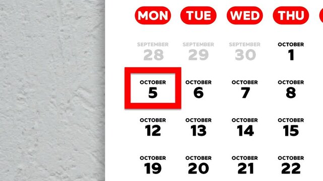 Red cursor highlighting October 5th on a 2026 wall calendar page. European calendar style, Monday start week layout