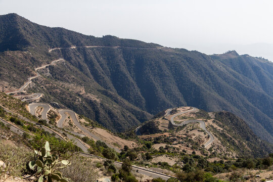 The winding switchback road connecting Asmara to Massawa cuts through steep mountain terrain, Central Region, Asmara, Eritrea