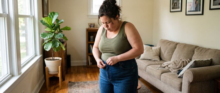 Plus size woman measuring her waist at home, representing weight loss, body confidence, fitness progress, and healthy lifestyle goals. Suitable for wellness, nutrition, health coaching, and body posit