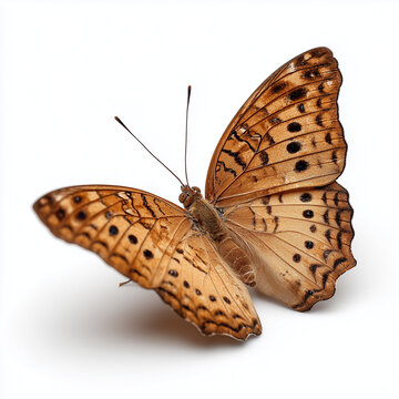Detailed brown butterfly with patterned wings resting isolated on a seamless white background