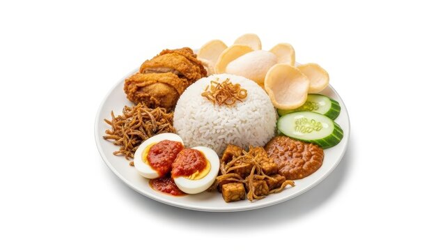 Traditional Malaysian Nasi Lemak plate with coconut rice fried chicken sambal egg anchovies and crackers isolated on white background