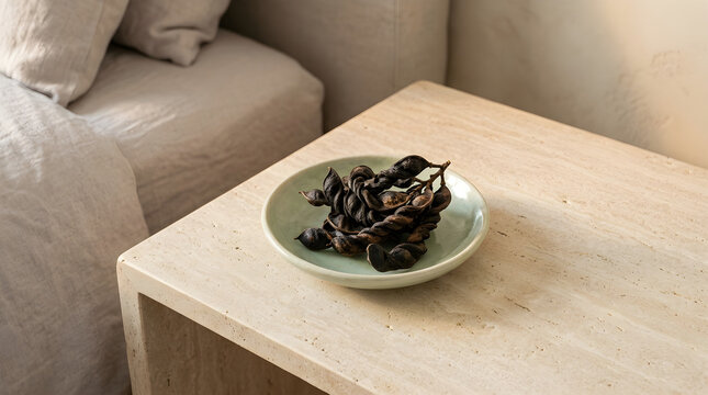 Senna pod cluster displayed on minimalist light wood nightstand in modern living room