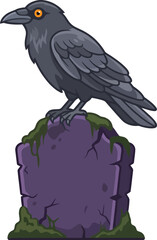 Obraz premium A cartoon crow perched on a weathered mossy tombstone.