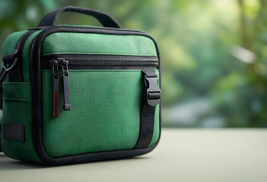 Travel and outdoor adventure gear, green tactical camera bag for photography equipment and hiking accessories on a table with blurred nature background