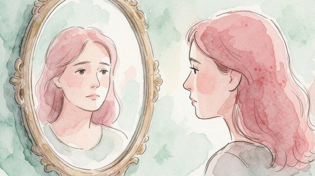Young woman looks in mirror. Reflection shows sadness, inner struggle. Gentle watercolor style artwork expresses complex emotions like worry, doubt, introspection. Soft colors create calm yet