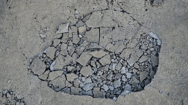 Top view of severely cracked and shattered grey concrete pavement showing weathered texture, urban decay, and broken construction material background.