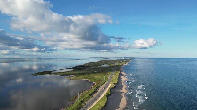 Aerial View of Coastal Road in Magdalen Islands Quebec