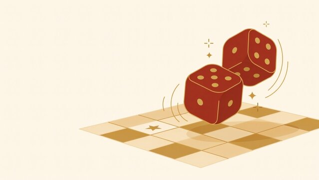 Two red dice rolling over a checkered game board with star icons in flat vector style with board illustrated minimalist air above checkered with dice fly