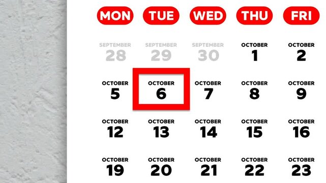 Red cursor highlighting October 6th on a 2026 wall calendar page. European calendar style, Monday start week layout