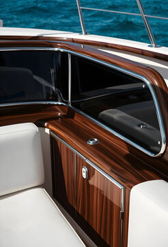 Luxury yacht lifestyle and travel, modern boat deck with polished wood interior and white leather seating for summer vacation and nautical leisure cruise
