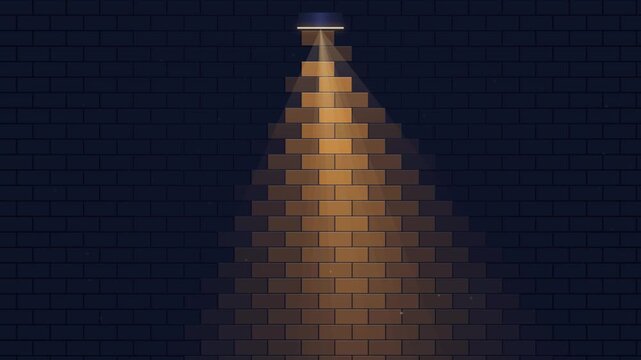 Spotlight shining on a dark brick wall surface creating a bright triangular beam triangular light textured wall lighting effect wall background architectural detail
